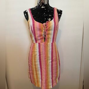 Pink, orange, yellow, and white striped sleeveless lace up dress